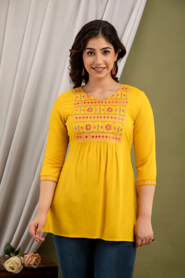 FASHION DEPTH Embroidered Rayon Top For Women - Yellow, XL