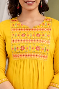 FASHION DEPTH Embroidered Rayon Top For Women - Yellow, XL