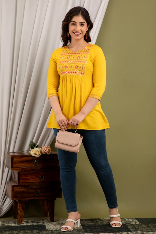 FASHION DEPTH Embroidered Rayon Top For Women - Yellow, XL