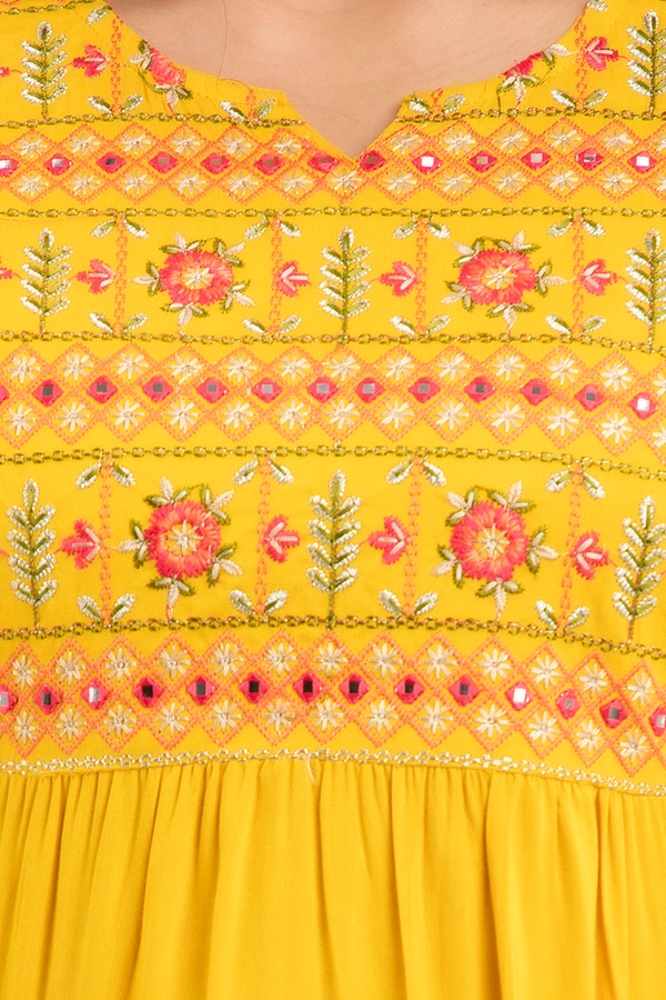 FASHION DEPTH Embroidered Rayon Top For Women - Yellow, XL