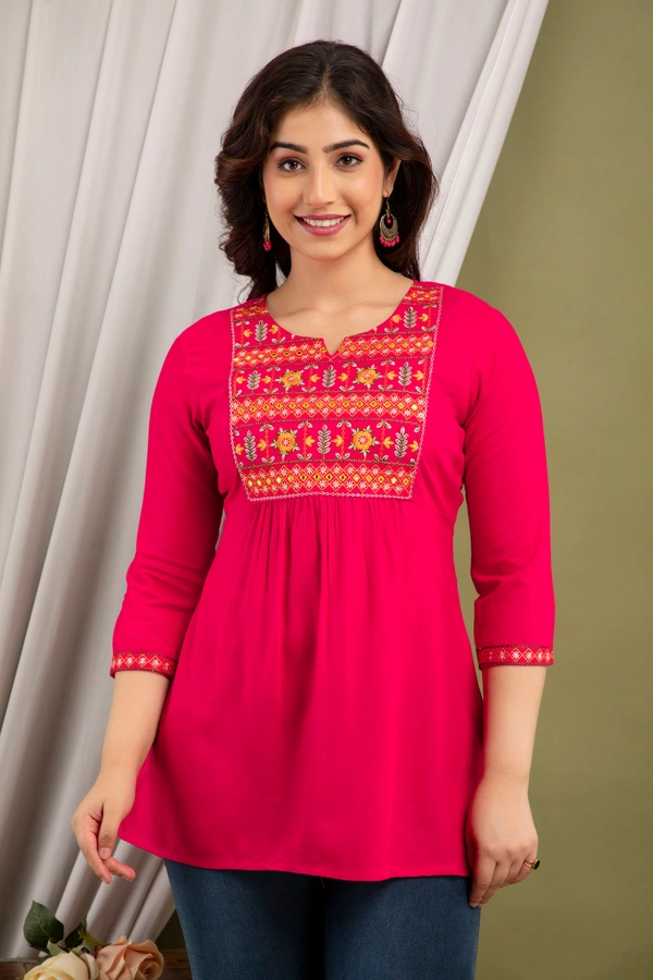 FASHION DEPTH Embroidered Rayon Top For Women - Pink, XL