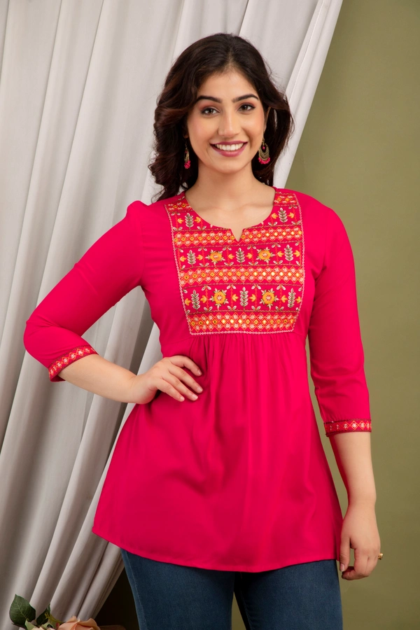 FASHION DEPTH Embroidered Rayon Top For Women - Pink, XL