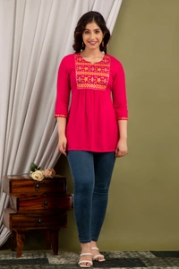 FASHION DEPTH Embroidered Rayon Top For Women - Pink, XL
