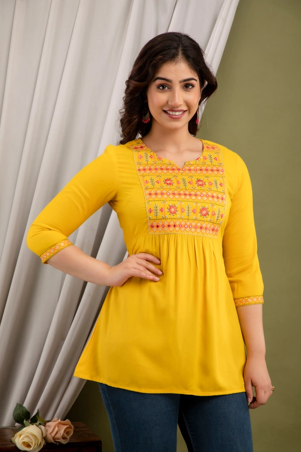 FASHION DEPTH Embroidered Rayon Top For Women - Yellow, XL