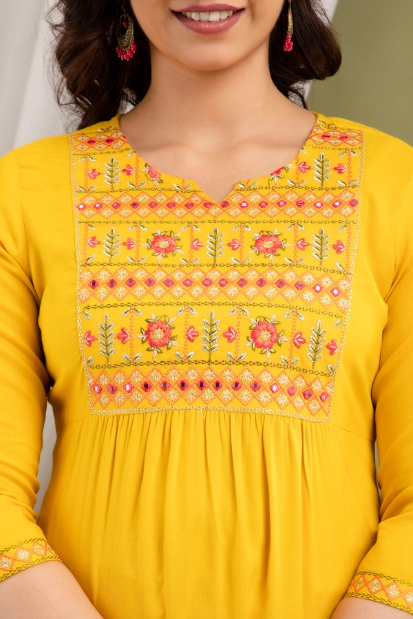 FASHION DEPTH Embroidered Rayon Top For Women - Yellow, XL