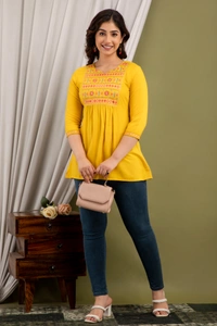 FASHION DEPTH Embroidered Rayon Top For Women - Yellow, XL
