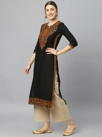FASHION DEPTH Women Embroidered Rayon Straight Kurta - Black, S - 36