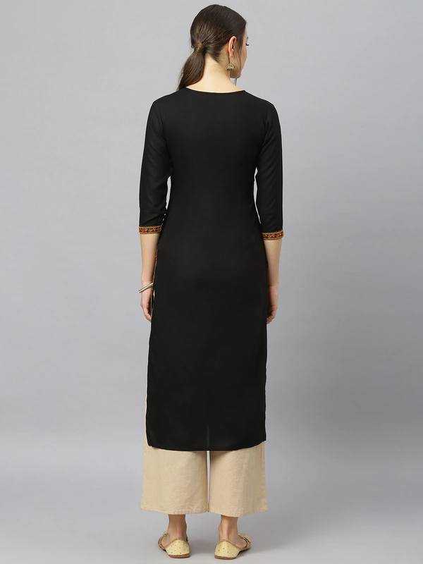 FASHION DEPTH Women Embroidered Rayon Straight Kurta - Black, S - 36