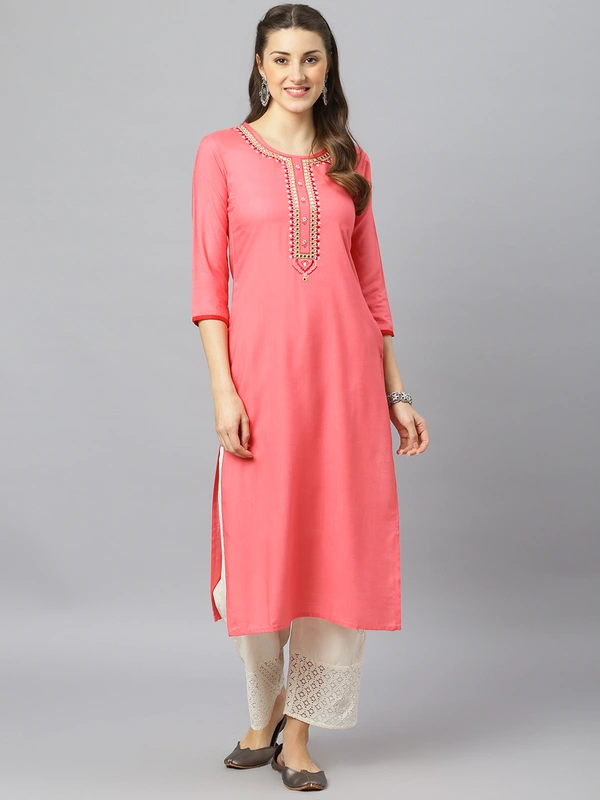 FASHION DEPTH Women Embroidered Rayon Straight Kurta