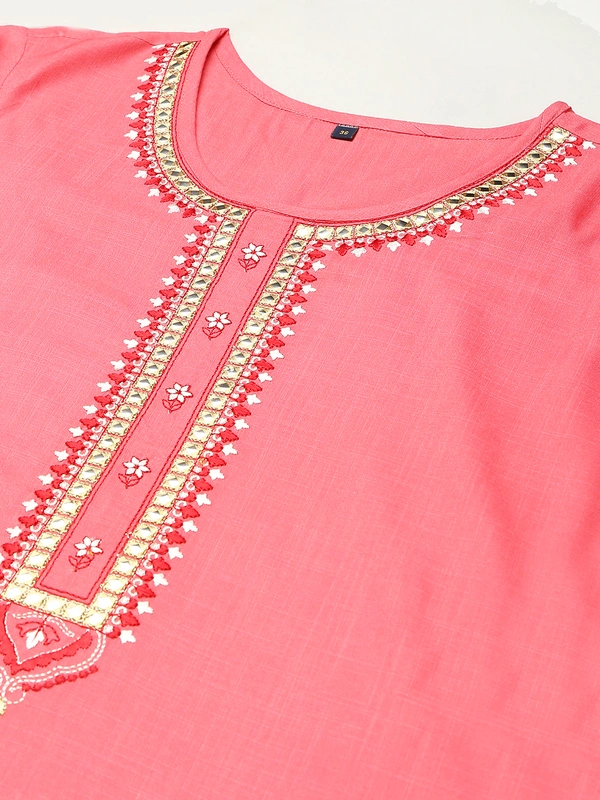 FASHION DEPTH Women Embroidered Rayon Straight Kurta - Pink, S - 36