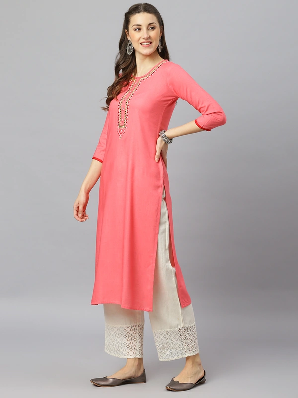 FASHION DEPTH Women Embroidered Rayon Straight Kurta - Pink, S - 36