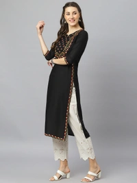 FASHION DEPTH Women Embroidered Rayon Straight Kurta - Black, S - 36