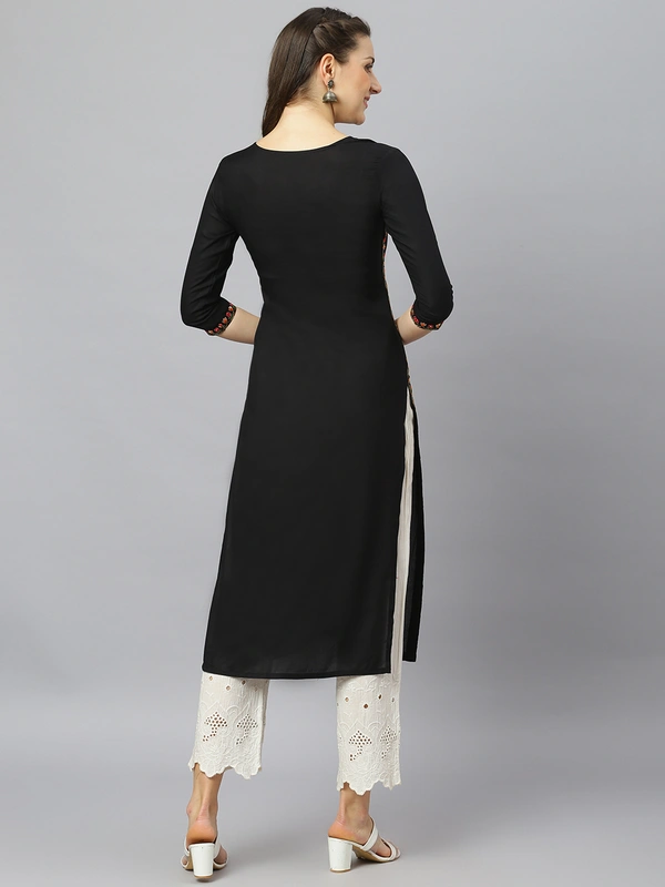 FASHION DEPTH Women Embroidered Rayon Straight Kurta - Black, S - 36