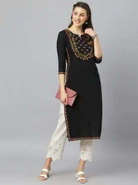 FASHION DEPTH Women Embroidered Rayon Straight Kurta - Black, S - 36