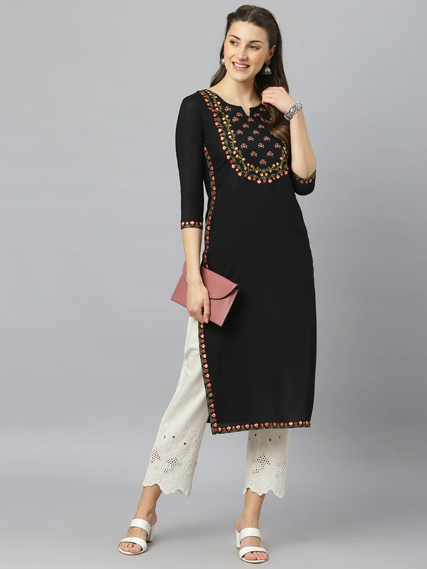 FASHION DEPTH Women Embroidered Rayon Straight Kurta - Black, S - 36