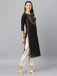 FASHION DEPTH Women Embroidered Rayon Straight Kurta - Black, S - 36