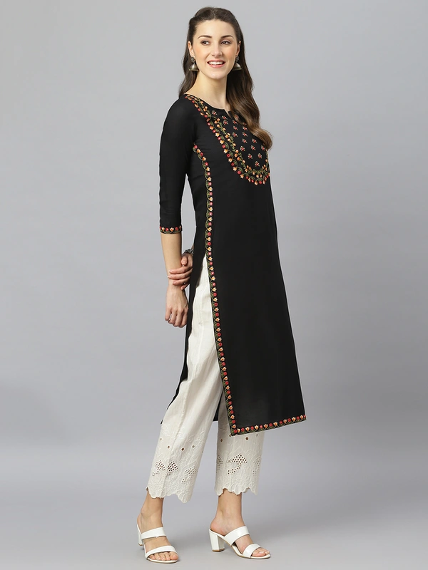 FASHION DEPTH Women Embroidered Rayon Straight Kurta - Black, S - 36