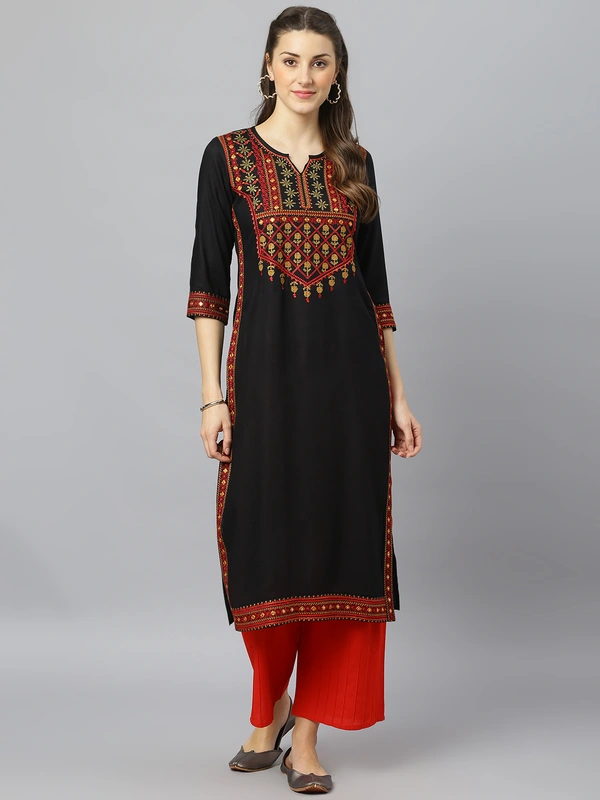 FASHION DEPTH Women Embroidered Rayon Straight Kurta