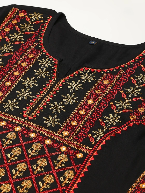 FASHION DEPTH Women Embroidered Rayon Straight Kurta - Black, S - 36