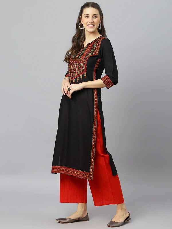 FASHION DEPTH Women Embroidered Rayon Straight Kurta - Black, S - 36