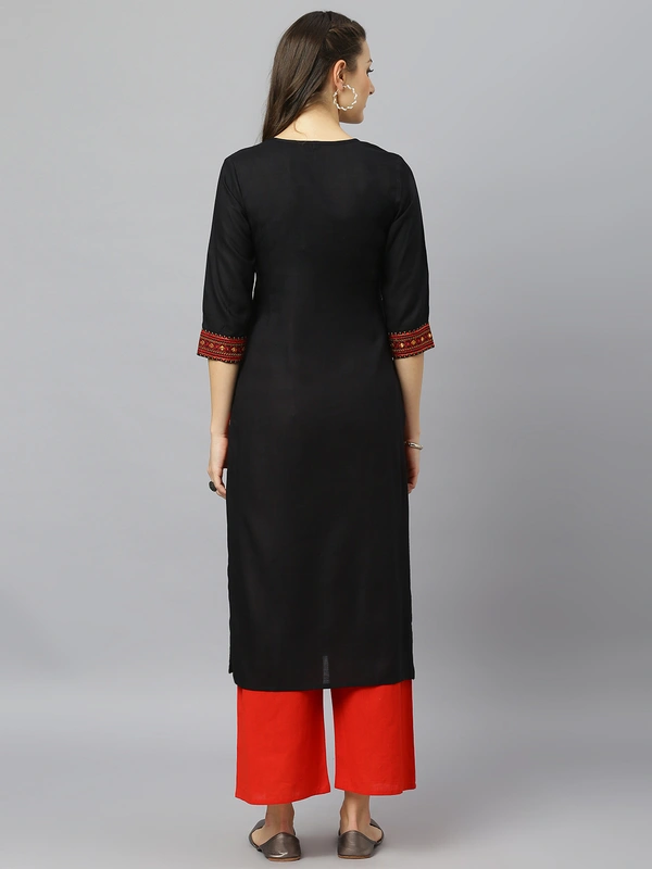 FASHION DEPTH Women Embroidered Rayon Straight Kurta - Black, S - 36