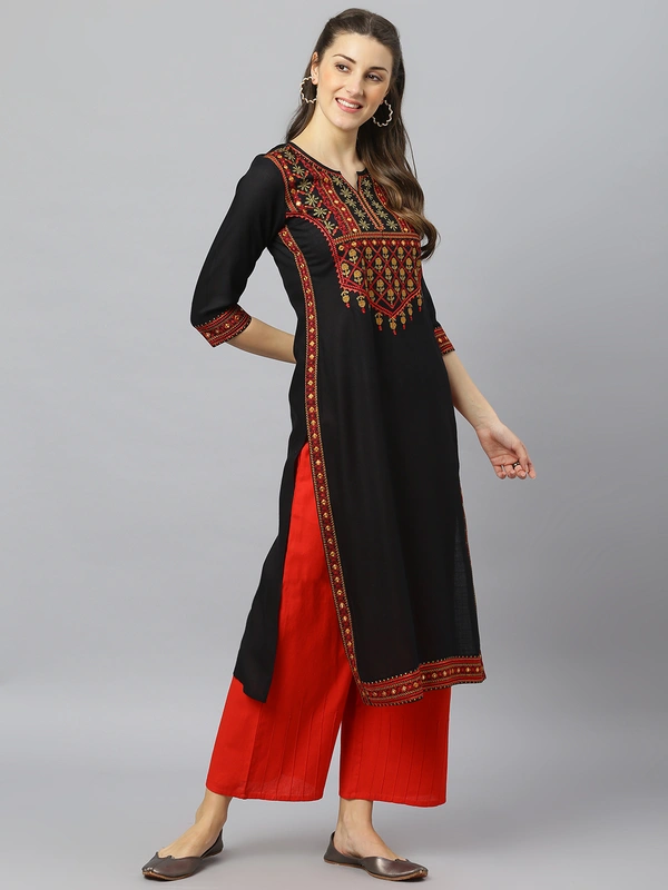 FASHION DEPTH Women Embroidered Rayon Straight Kurta - Black, S - 36