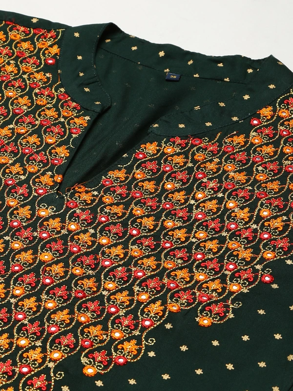 FASHION DEPTH Women Embroidered Rayon Straight Kurta - Dark Green, S - 36