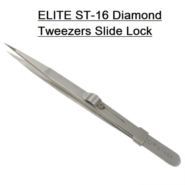 KOOCU ELITE ST-16 Diamond Tweezers Slide Lock Gem Stone Locking KOOCU Tweezer Professional Straight Tweezers Eyebrow Hair Beauty Slanted Stainless Steel Tweezer