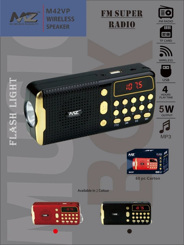 MZ M42VP (PORTABLE BLUETOOTH SPEAKER)Dynamic Sound with Wireless FM & InBuilt Torch FM Radio  (Black)