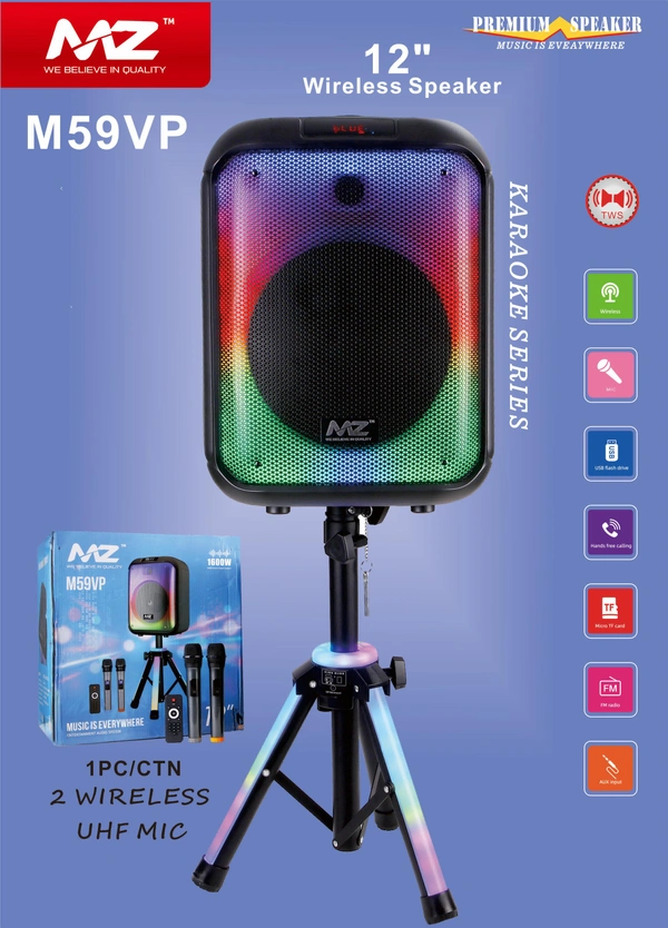 Mz M59vp Bluetooth Speaker With 2 Wireless Mic Eq Setting Super Bass 1600 W Bluetooth Party Speaker 