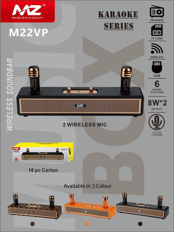 Mz M22vp Karaoke series  (Portable Bluetooth Speaker) Dynamic Sound With 2 Wireless Mics Karaoke 16 W Bluetooth Soundbar 