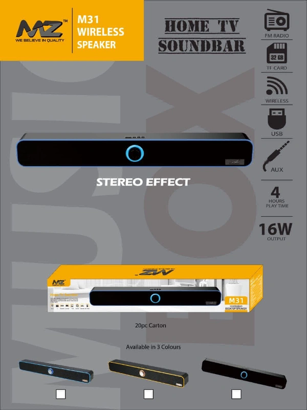 Mz M31 (Protable Home TV Soundbar) Dynamic Thunder Sound 2400mAh Battery 16 W Bluetooth Soundbar For Mobile,  Laptop/PC With In - Built Radio FM,  USB Pendrive & Aux Slot , Tablets 