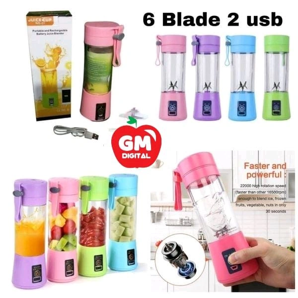 Rechargeable Hand Juicer *6 Blade* Portable Electric Mini *Dual USB* Multi Color Bottle Blender Shaker All Fruit Juice Maker Machine Grinder Mixer (380 ml) (Multicolor)