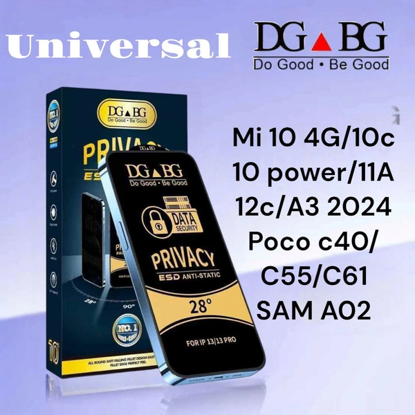Mi 10 4G/10c/10 Power/11A/12c/A3 2024/Mi Poco C40/C55/SAM A02 Privacy Glass Universal DG BG Esd Anti-static
