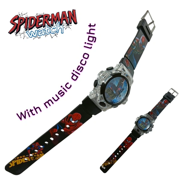 Spiderman Kids Gift Watch With Disco Light ( Black Colour )