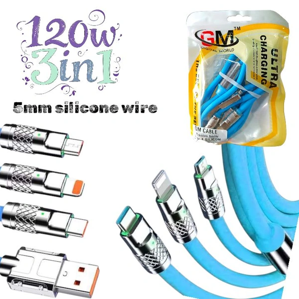 Silicone 5mm Wire 120w 3in1 Cable (Sky Blue)