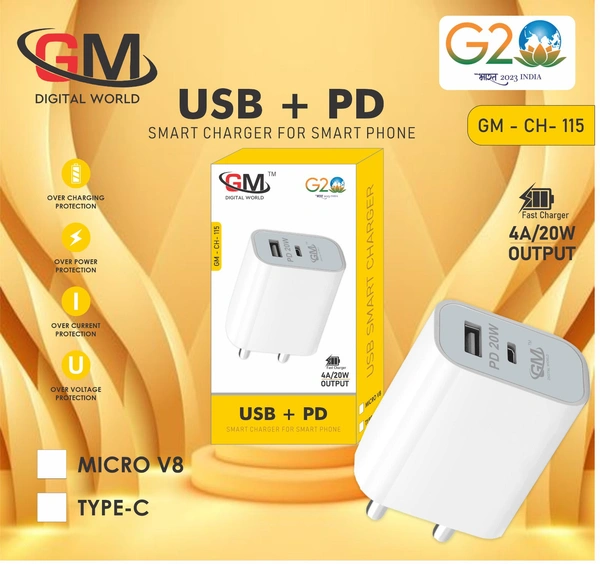 Gm Ch 115 20w Usb+Pd Charger With Type C Cable 