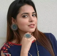 Beautiful Oxidised Earrings With Ring - Gray