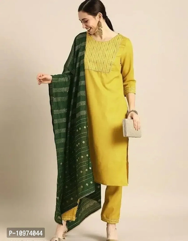 Attractive Straight Yellow Self Design Cotton Blend Kurta Bottom With Dupatta For Women 10974044 - 2XL