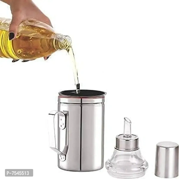 Stainless Steel Nozzle Oil Disoenser 1 Litre Silver | Oil Container | Oil Pourer | Oil Pot | Oil Can | Oil Bottle with Handle Pack of 2 7545514