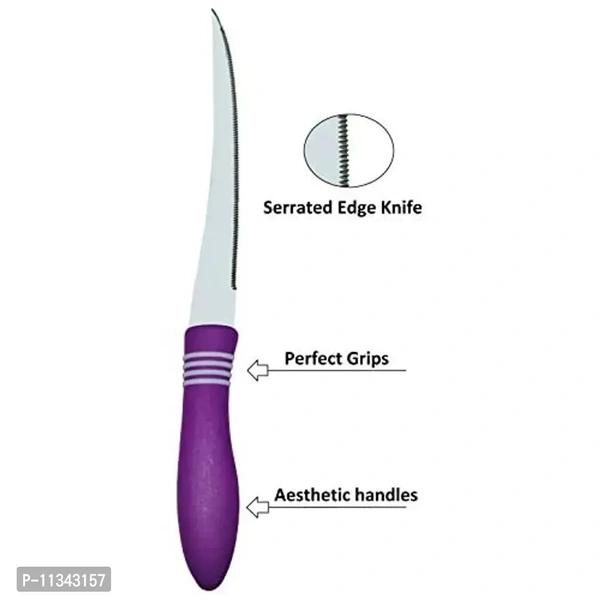 Kitchen Knife, Stainless Steel Multipurpose Table Knife for Dining and Vegetable Chopping, Serrated Edge, 12 cm, Purple (Pack of 2) 1134157