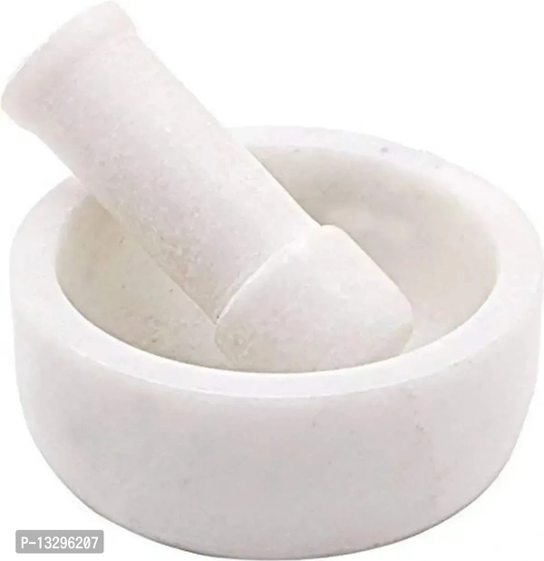 White Marble Round Shape Medicine Herb Crusher/Imam Dasta/Mortar And Pestle Set/Ohkli Musal/Kharal/Idi Kallu/Khal Musal/Khalbatta/Spice Grinder - 4X3 Inch 13296207