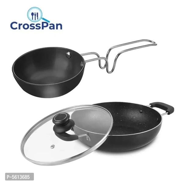 Non-Stick Cookware Set Kadai with glass Lid -24cm (2.5ltr)+ Hard Anodized Tadka Pan (11cm)(Induction and Gas Stove Compatible), Aluminium, Black Granite Finish.5613685
