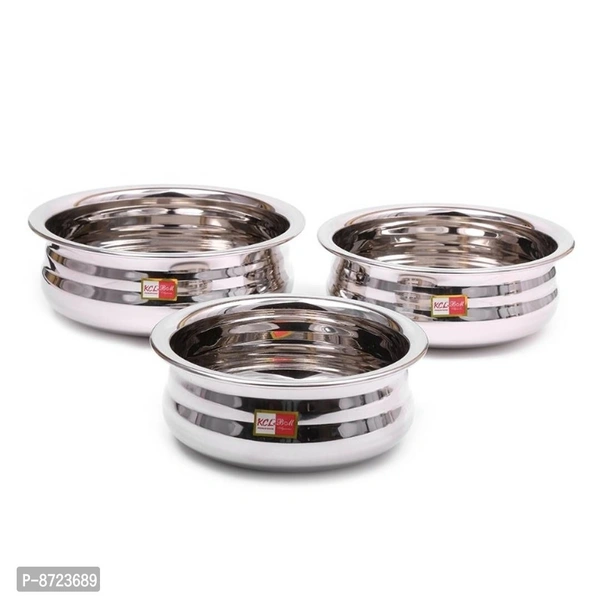 Beautiful Steel Handi Set For Serving and Cooking - Set of 3 - Capacity 500 ML, 800 ML, 1200 ML (304 Grade) 8723689