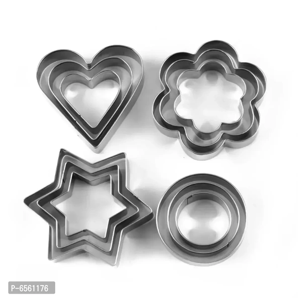 Cookie Cutter Set, Pastry Fruit Molds Stainless Steel Heart Flower Round Star Biscuit Mould Fondant Cutting Cutters, Baking Tools, 4 Different Shapes and 3 Sizes - 12 Pcs 6561176
