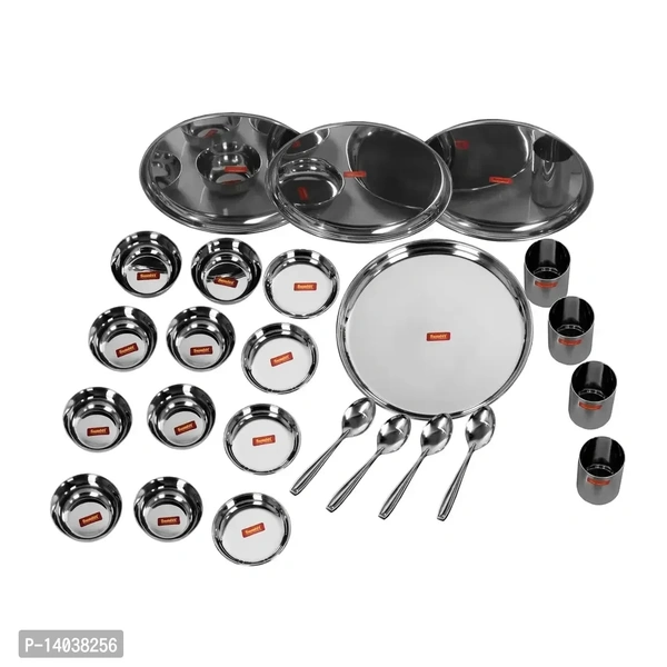 Stainless Steel Heavy Gauge Mirror Finish Dinner set of 24 Pcs 4 Plate, 4 Small / Halwa Plate, 8 Bowl / Wati, 4 Glass, 4 Spoon 14038256