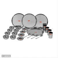 Stainless Steel Heavy Gauge Mirror Finish Dinner set of 24 Pcs 4 Plate, 4 Small / Halwa Plate, 8 Bowl / Wati, 4 Glass, 4 Spoon 14038256