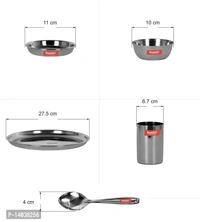 Stainless Steel Heavy Gauge Mirror Finish Dinner set of 24 Pcs 4 Plate, 4 Small / Halwa Plate, 8 Bowl / Wati, 4 Glass, 4 Spoon 14038256