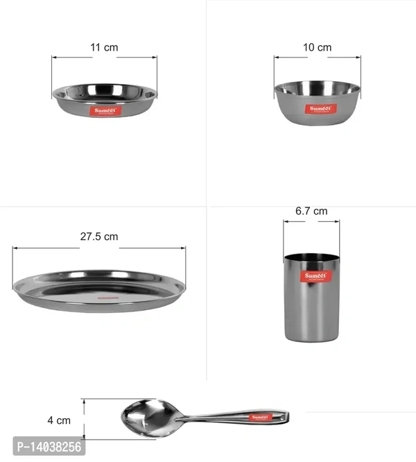 Stainless Steel Heavy Gauge Mirror Finish Dinner set of 24 Pcs 4 Plate, 4 Small / Halwa Plate, 8 Bowl / Wati, 4 Glass, 4 Spoon 14038256