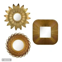 SATYAM KRAFT 3 Pcs Wall Mirror Fiber Material for Home Decor, Hanging in Bedroom, Living Room, Bathroom Decorations Items, with Hook for Hanging On Walls and All Unique Design (9x9 Inch, Gold) 9022256